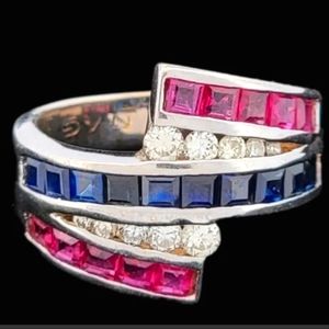 14k Gold Diamond Sapphire Ruby Band Ring- Estate Jewelry 7.9gm